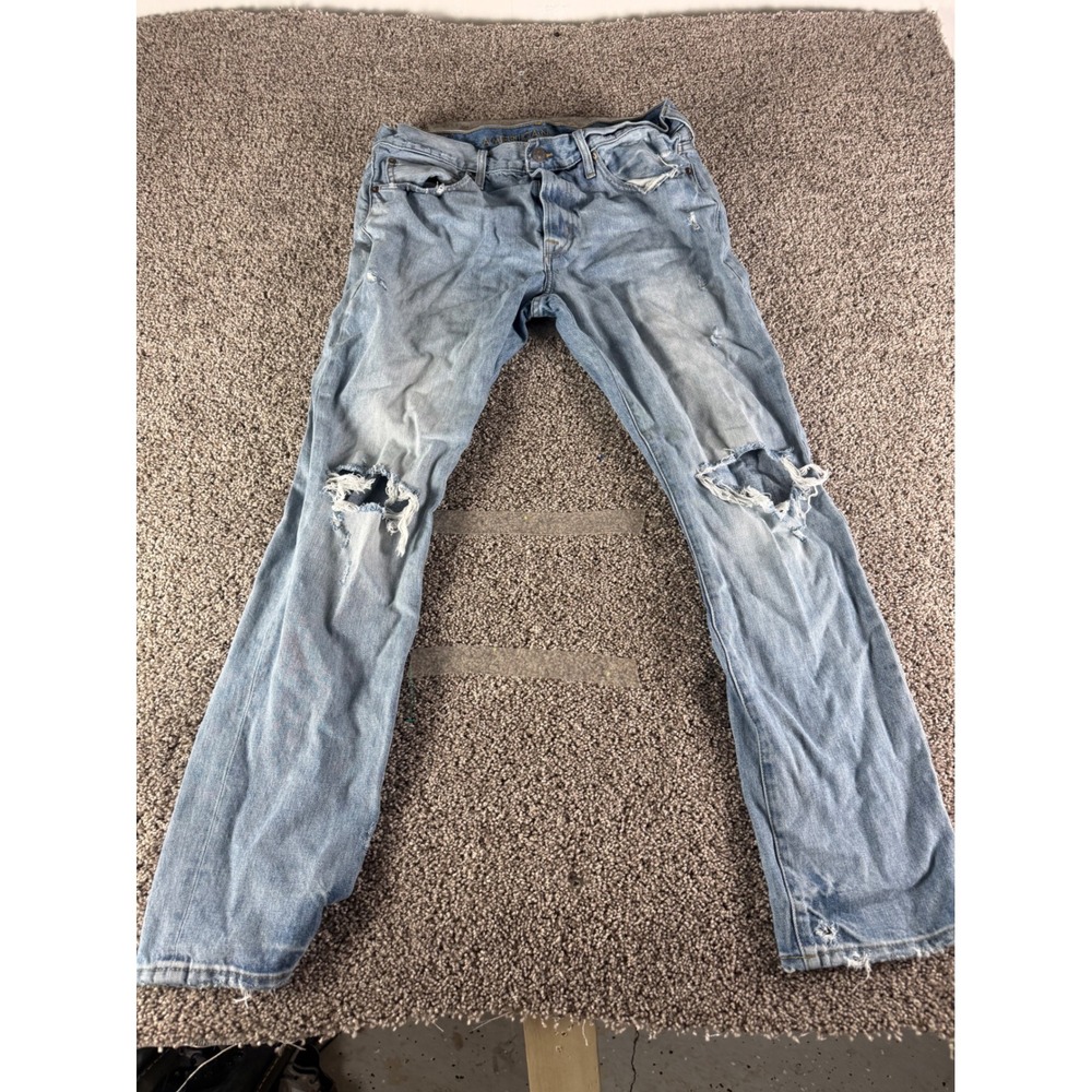 American Eagle Mens Light Wash Distressed Straight Leg Jeans 34x32‎ Cotton 54485